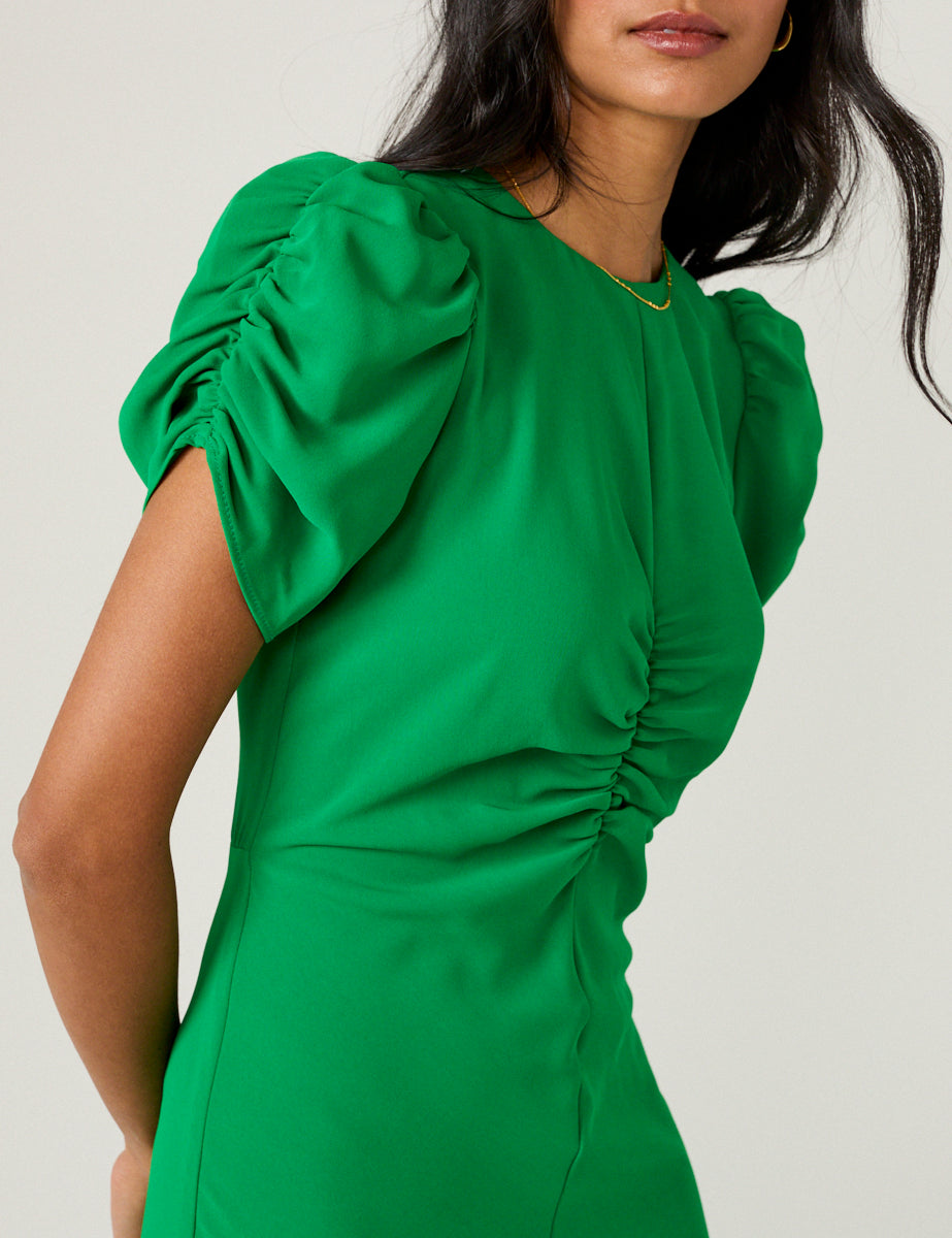 quinn puff sleeve mini dress Green Satin Puff Sleeve Quinn Midi Dress